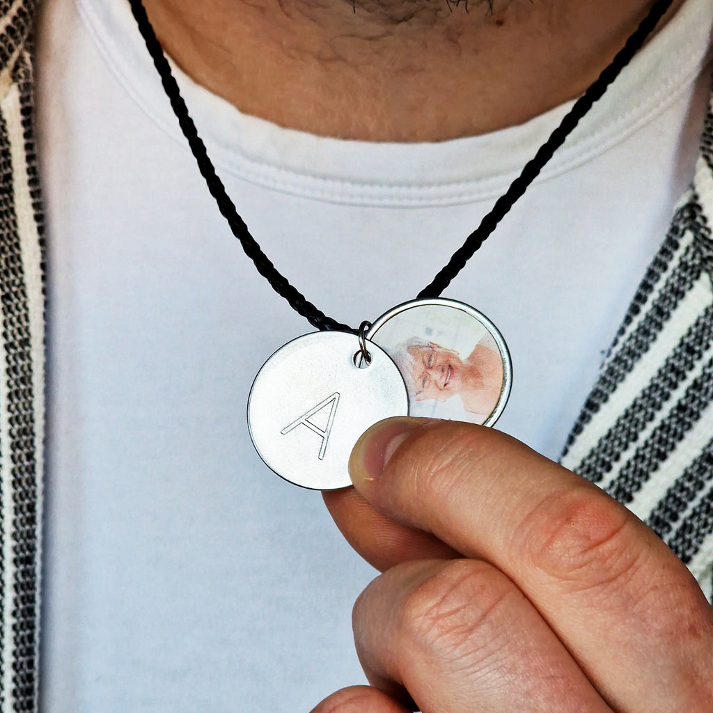 mens personalised disc necklace engraved with the letter A and photo inside