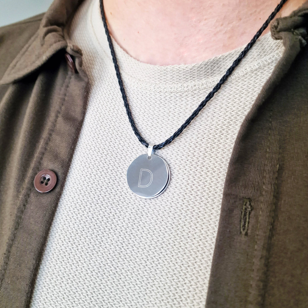 mens disc necklace engraved with letter D
