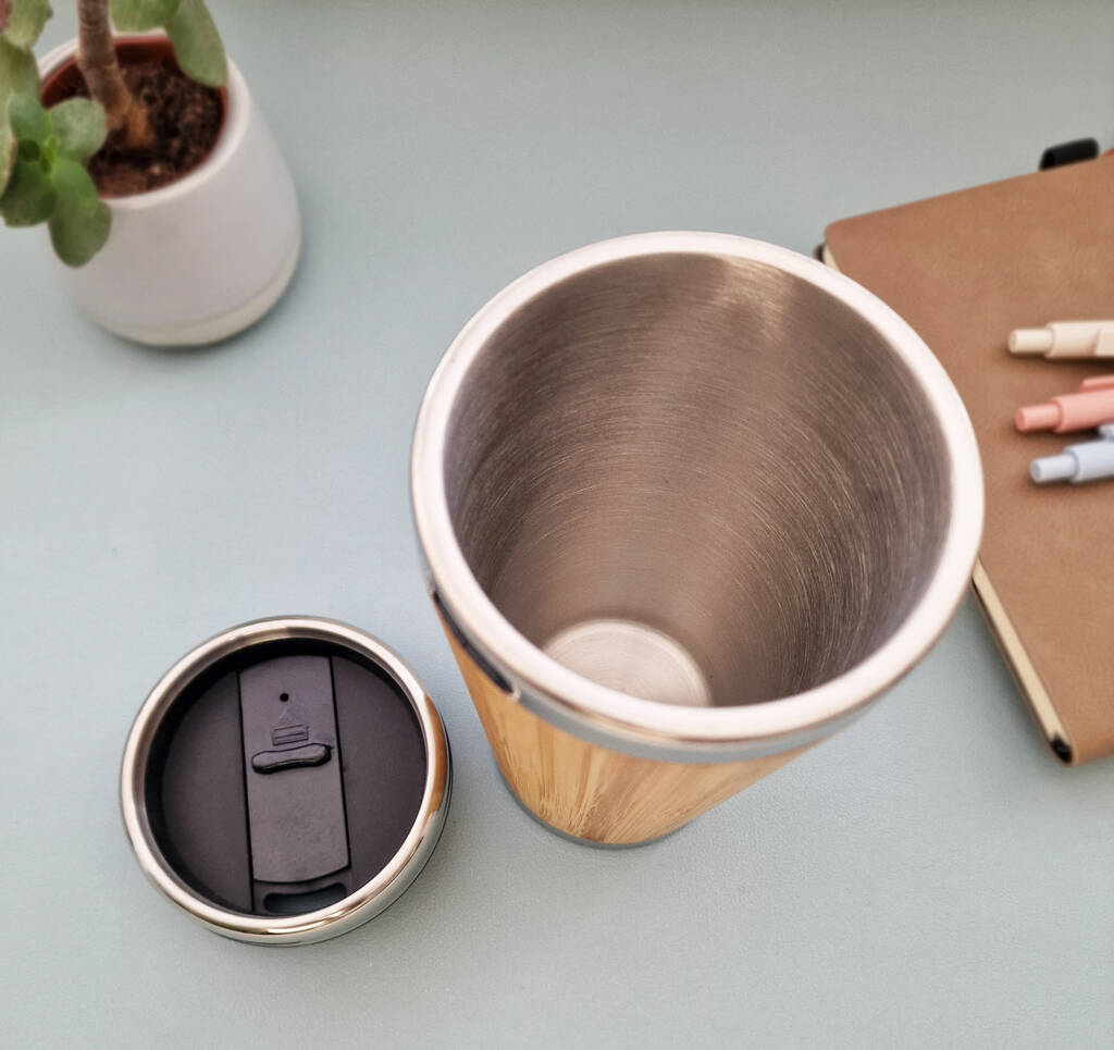 Top view of bamboo travel mug with the lid removed