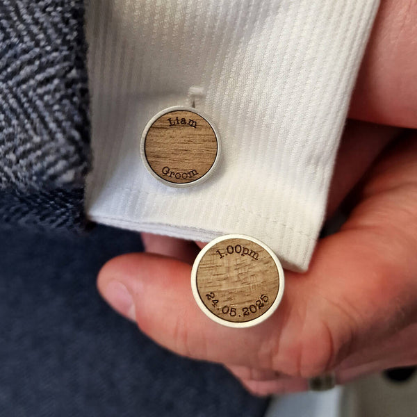 Rhodium Plated walnut cufflinks (one on sleeve) personalised with text