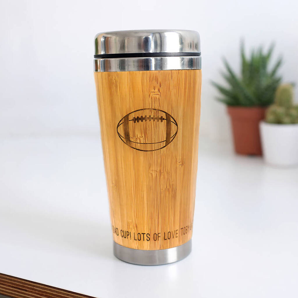 Bamboo rugby travel mug personalised with text