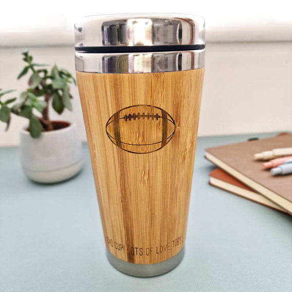 Bamboo Travel Mug personalised with rugby ball and etched text