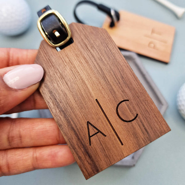 Walnut wood personalised luggage tag