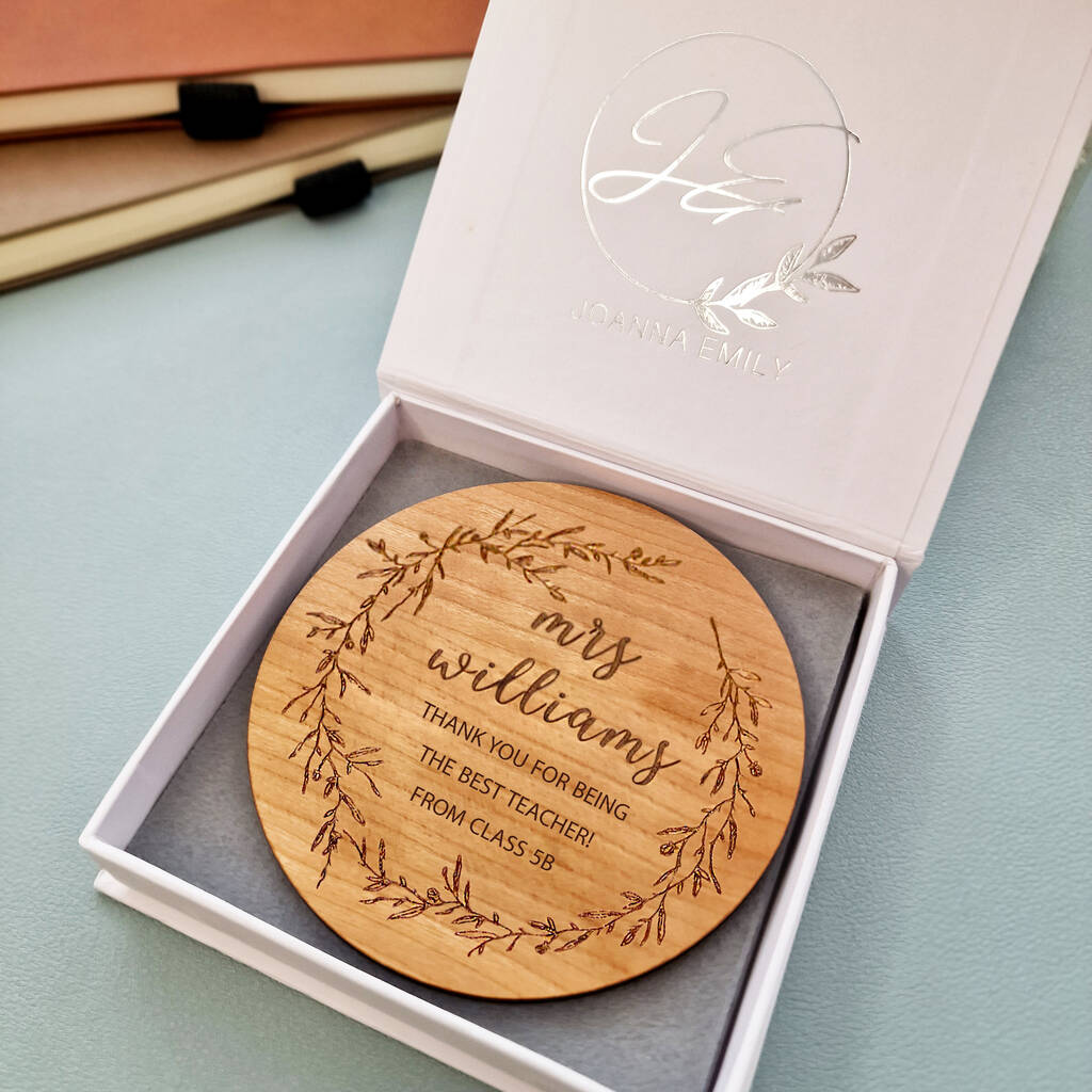 Thank you teacher coaster in cherry wood, personalised with text